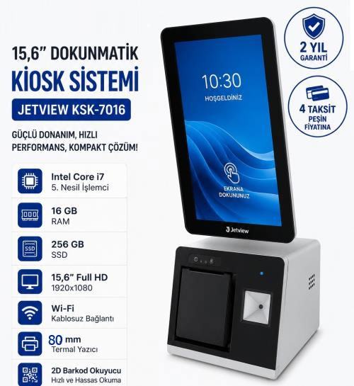 15,6" İ7 5.NESİL 8 GB RAM 256 GB WİFİ 80 MM YAZICI 2D OKUYUCU JETVİEW KSK-7016